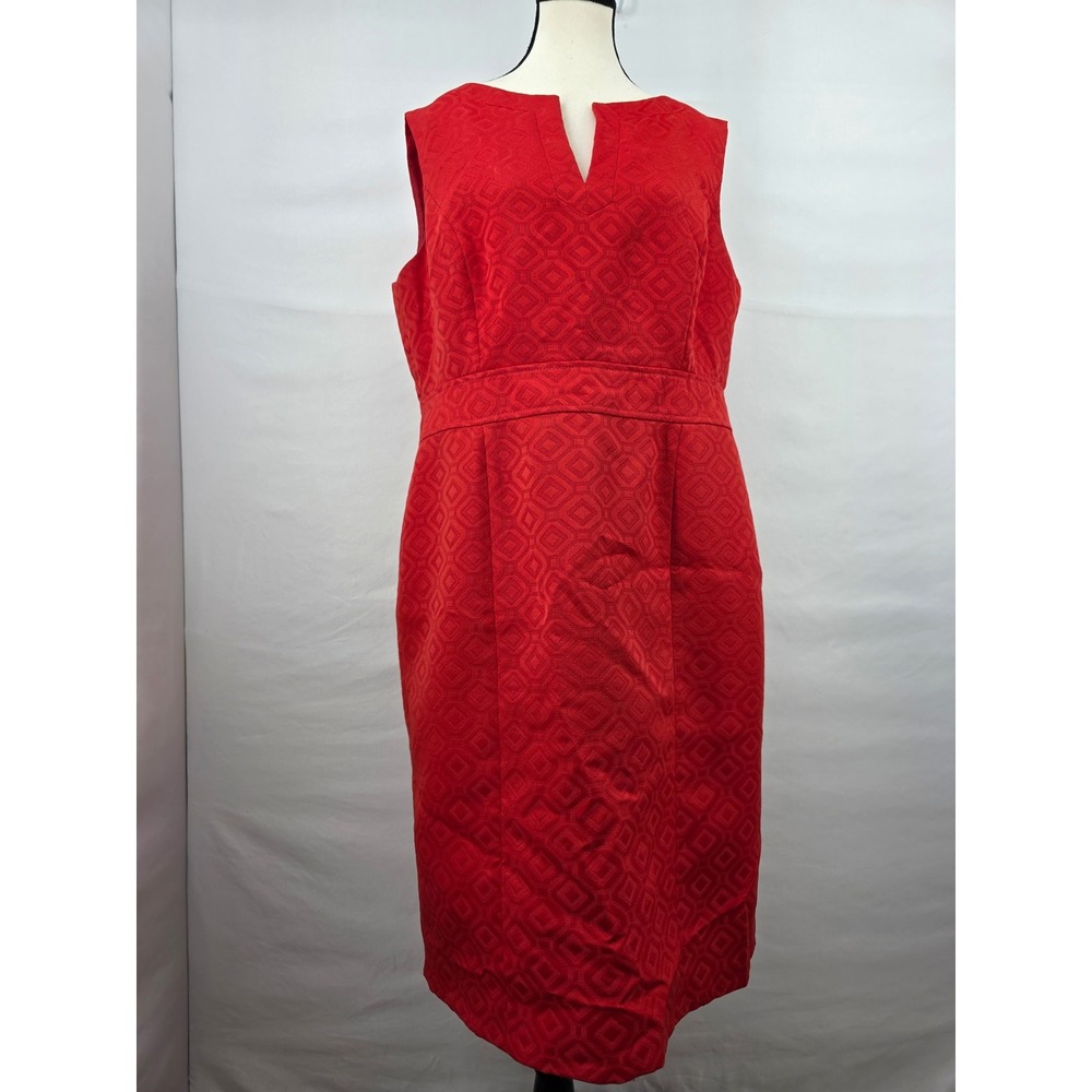 Kasper Separates Red Geometric Jacquard Sheath Dress Size 16 Sleeveless V-Neck